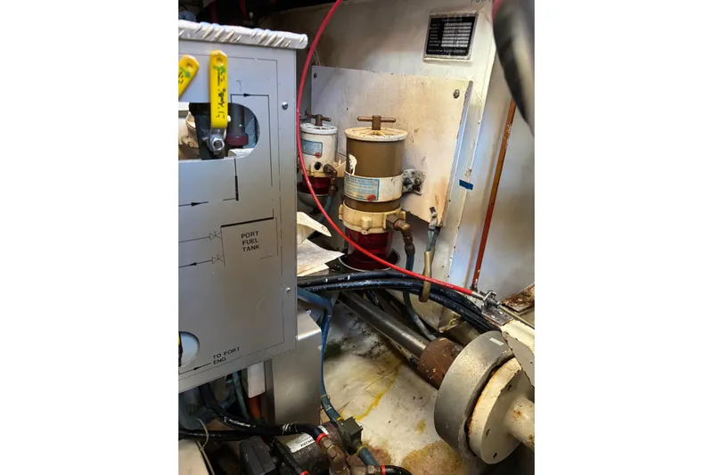  Yacht Photos Pics Engine room of 1996 Grand Banks 36 Motoryacht, showing fuel system components and wiring.
