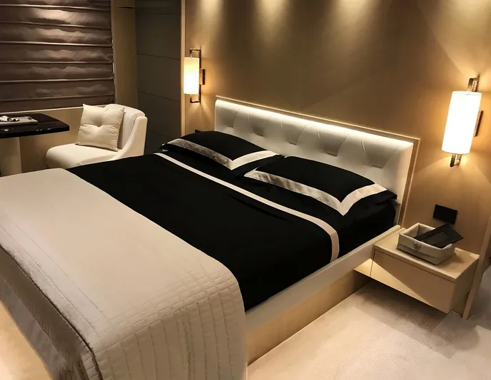 Ms Felice Yacht Photos Pics Luxurious bedroom on 2016 Princess 82 Ms Felice yacht with elegant black bedding.