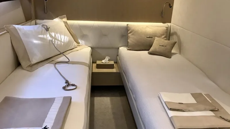 Ms Felice Yacht Photos Pics Luxurious twin cabin interior of 2016 Princess 82 Ms Felice yacht.