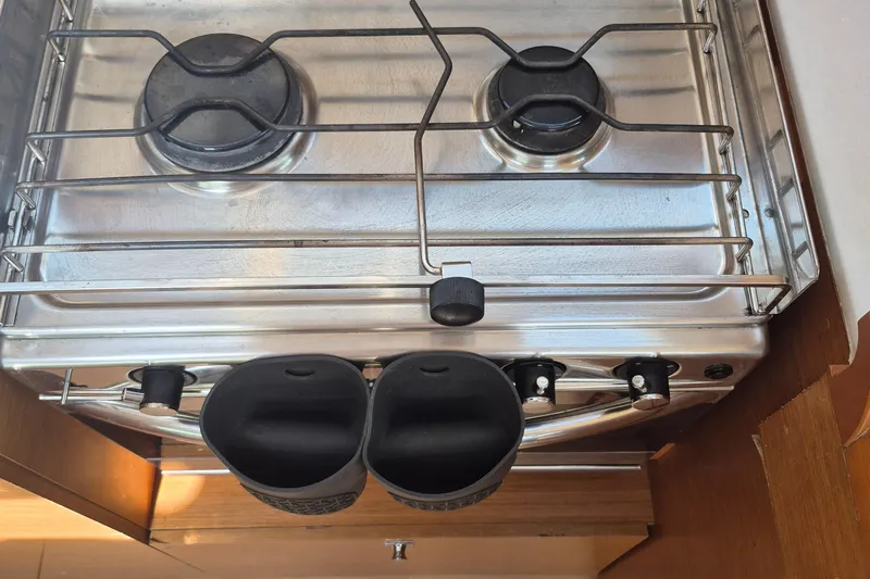 Misty Yacht Photos Pics Stainless steel stove with two burners on a 2018 Jeanneau Sun Odyssey 519 yacht.