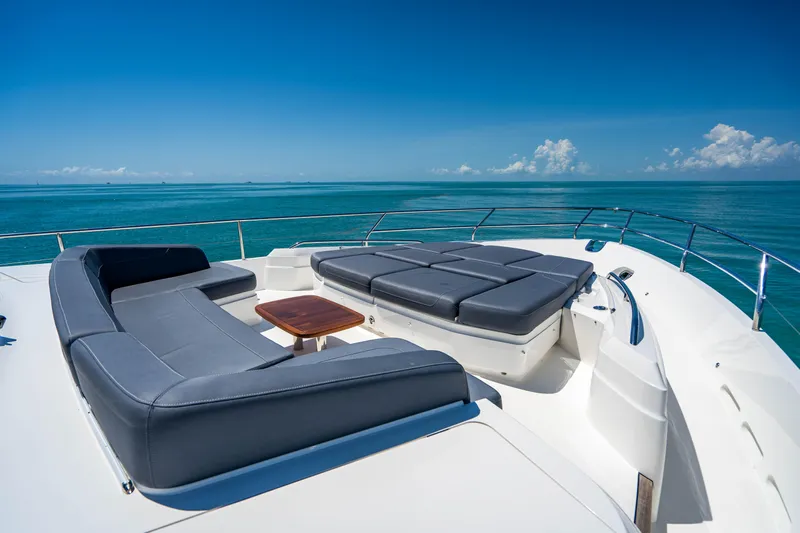 Comfortably Numb Yacht Photos Pics Princess Y75 Motor Yacht 2018, luxurious deck seating with ocean view.