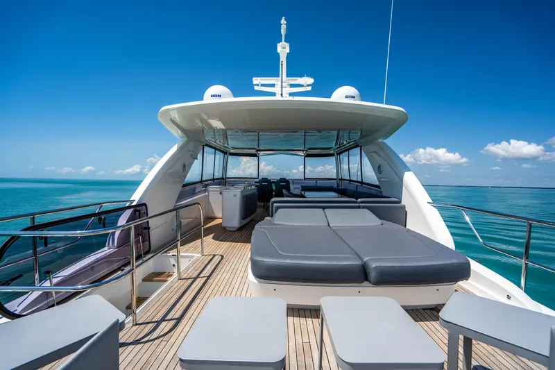 Comfortably Numb Yacht Photos Pics 2018 Princess Y75 Motor Yacht with spacious deck and luxurious seating.