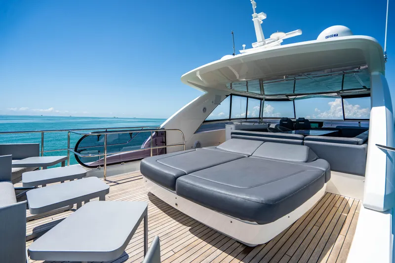Comfortably Numb Yacht Photos Pics Luxurious deck of 2018 Princess Y75 Motor Yacht with sun loungers and ocean view.