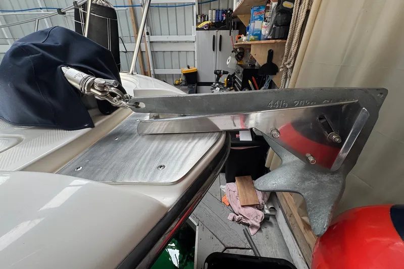 The Journey Yacht Photos Pics Anchor setup on 1999 Bayliner 3988 Command Bridge Motoryacht in a storage area.