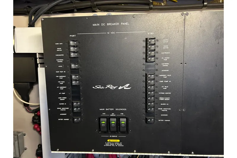 Blue Diamond Yacht Photos Pics Main DC breaker panel of 2005 Sea Ray 500 Sundancer yacht, featuring various switches.