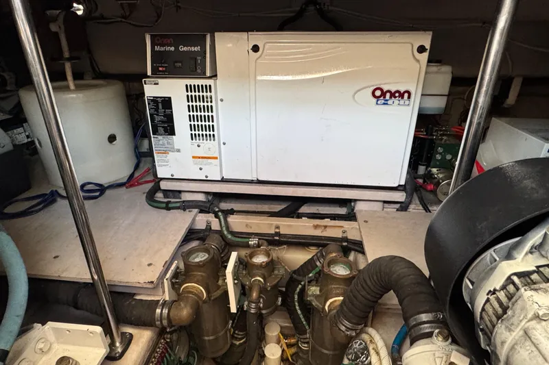 Blue Diamond Yacht Photos Pics Engine room of 2005 Sea Ray 500 Sundancer with Onan Marine Genset.