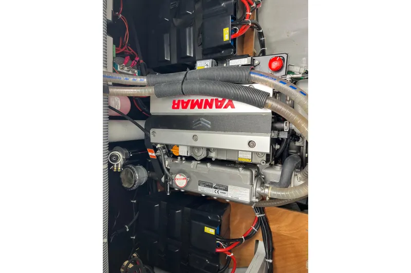 Alegr&iacute;a Yacht Photos Pics Engine compartment of a 2020 Lagoon 46 catamaran featuring a Yanmar engine.