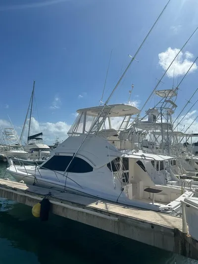  Yacht Photos Pics 2004 Riviera 37 Convertible yacht docked at marina under clear blue sky.
