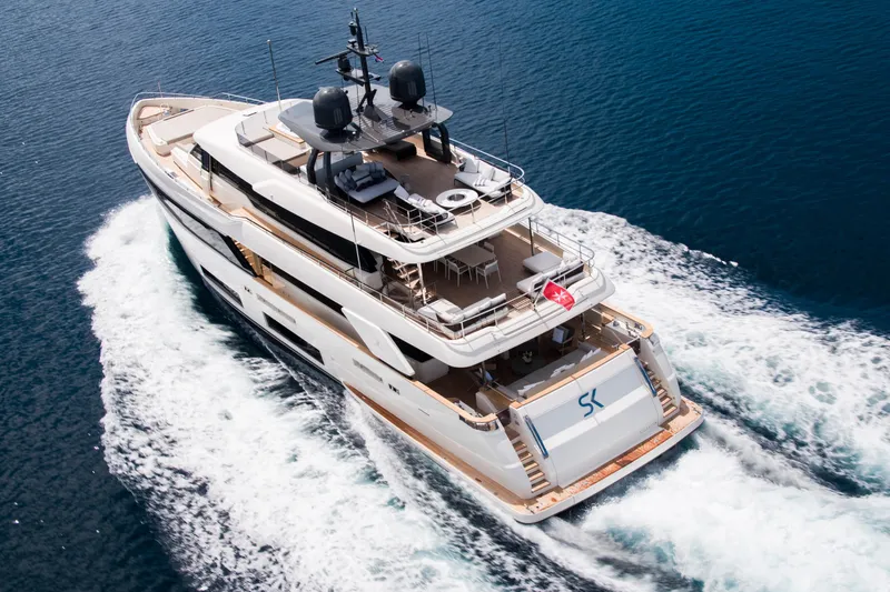 Sk Yacht Photos Pics Luxurious 2019 Custom Line Navetta 33 yacht cruising on open water.