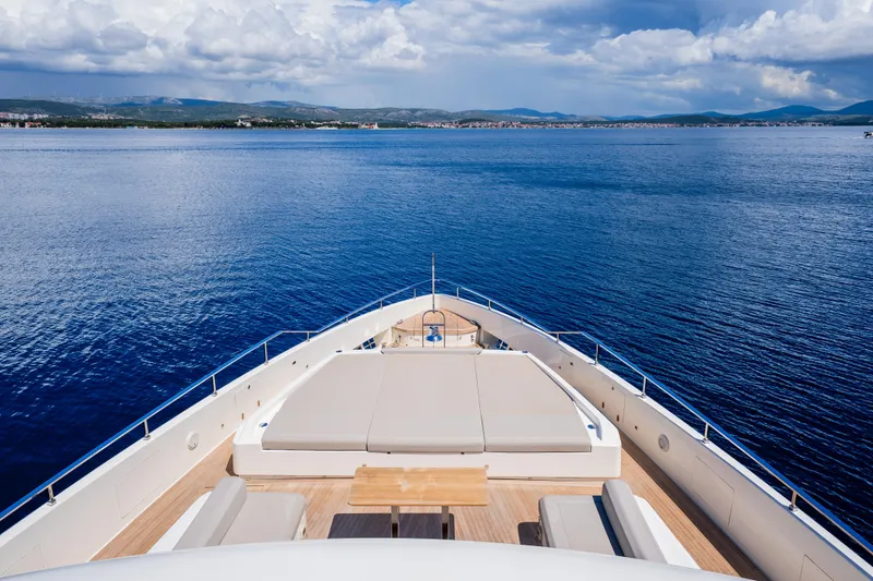 Sk Yacht Photos Pics Luxurious 2019 Custom Line Navetta 33 yacht deck with ocean view and seating area.