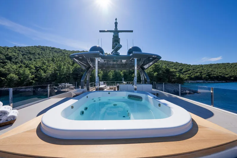 Sk Yacht Photos Pics Luxurious 2019 Custom Line Navetta 33 yacht with jacuzzi, surrounded by scenic ocean and forest views.