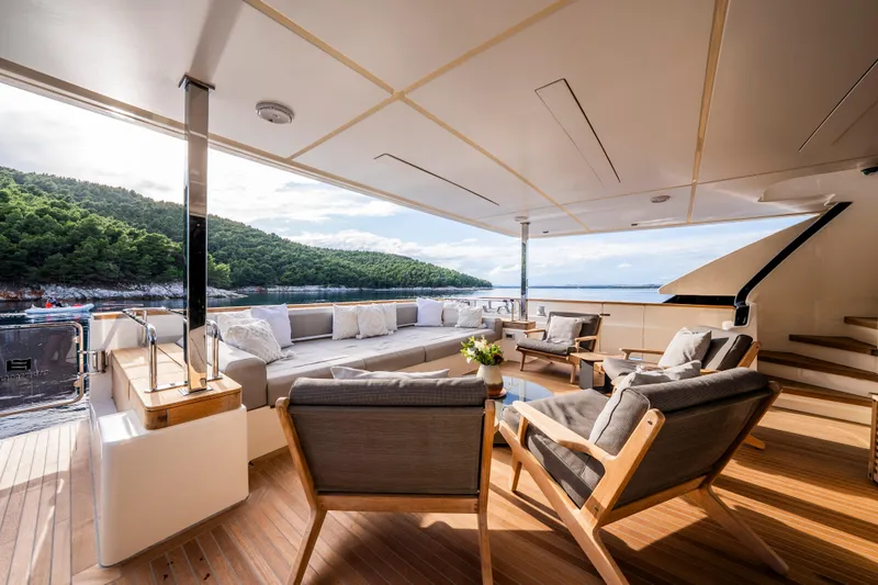 Sk Yacht Photos Pics Luxurious 2019 Custom Line Navetta 33 yacht deck with elegant seating and scenic ocean view.