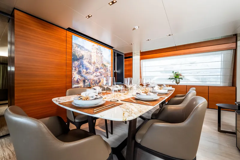 Sk Yacht Photos Pics Luxurious dining area on 2019 Custom Line Navetta 33 yacht with elegant decor.
