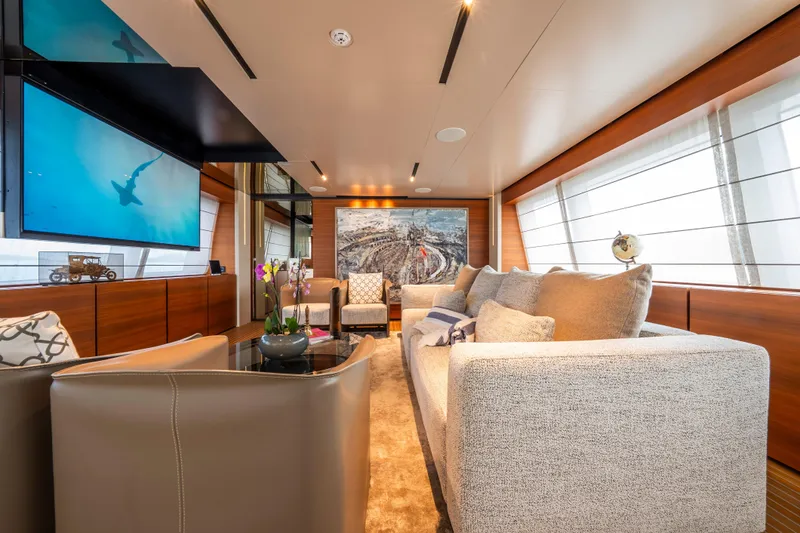 Sk Yacht Photos Pics Luxurious interior of 2019 Custom Line Navetta 33 yacht with modern decor and large windows.