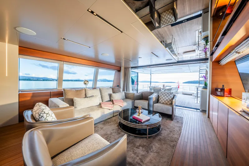 Sk Yacht Photos Pics Luxurious interior of 2019 Custom Line Navetta 33 yacht with elegant seating and panoramic views.