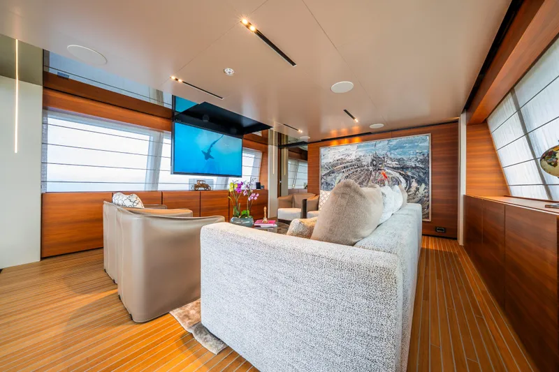 Sk Yacht Photos Pics Luxurious interior of 2019 Custom Line Navetta 33 yacht with modern decor and large windows.