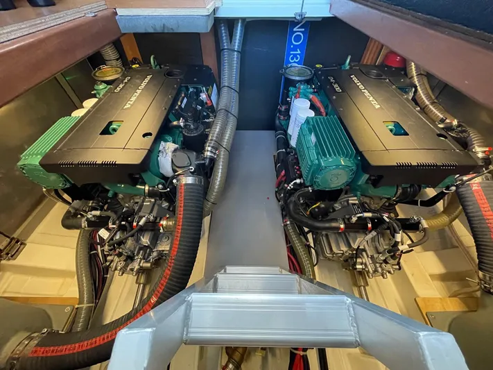 Yacht Photos Pics Engine room of 2021 Beneteau Swift Trawler 41 Fly with dual engines.