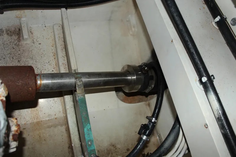 Holly Ann Yacht Photos Pics Engine compartment of 2005 Rampage 38 Express boat showing shaft and hoses.