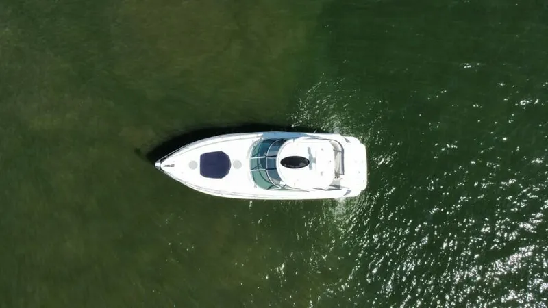 Time 'n Material Yacht Photos Pics Aerial view of 2007 Cruisers Yachts 420 Express on green water.