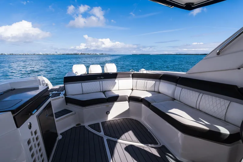 Dock's Knott Inn II Yacht Photos Pics Luxurious 2018 Sea Ray SLX 350 Outboard boat interior with ocean view.