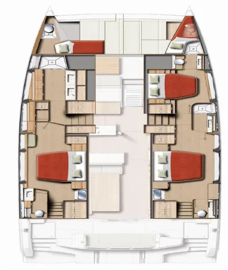 Yacht Photos Pics 2026 Bali 5.2 catamaran interior layout with multiple cabins and living spaces.