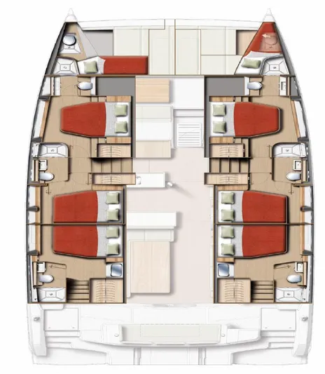  Yacht Photos Pics Floor plan of a 2026 Bali 5.2 catamaran, featuring multiple cabins and bathrooms.