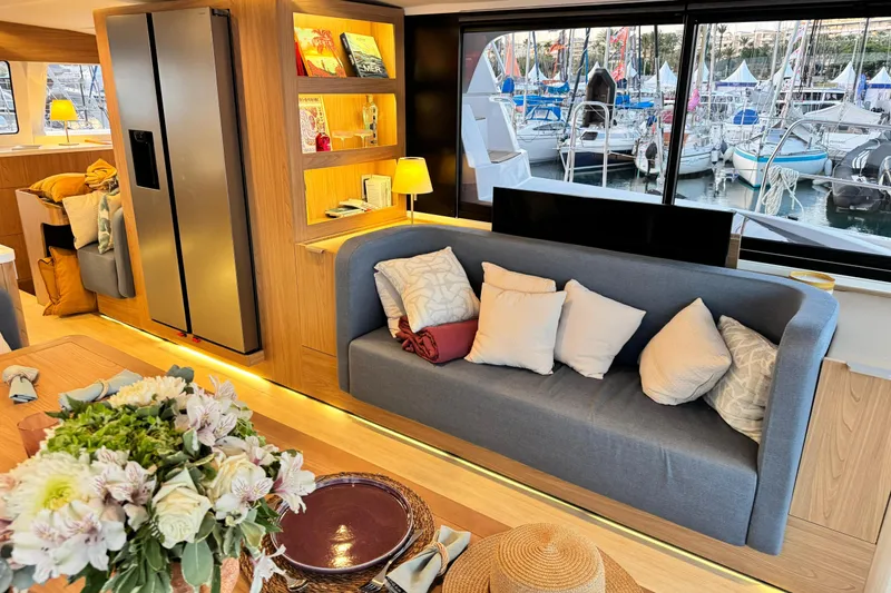  Yacht Photos Pics Luxurious interior of 2026 Bali 5.2 yacht with modern decor and marina view.