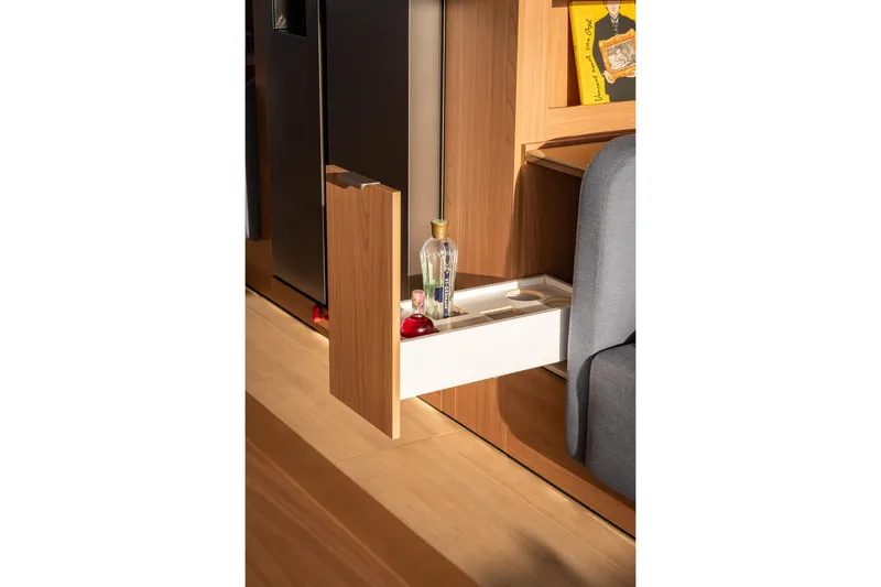  Yacht Photos Pics Pull-out drawer with drinks in a modern Bali 5.2 yacht interior, 2026 model.