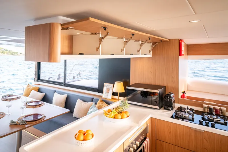  Yacht Photos Pics Modern kitchen interior on Bali 5.2 yacht, featuring sleek design and ocean view, 2026 model.