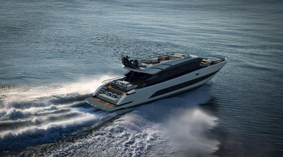 Luxurious 2025 AB 95 yacht cruising swiftly on open water.