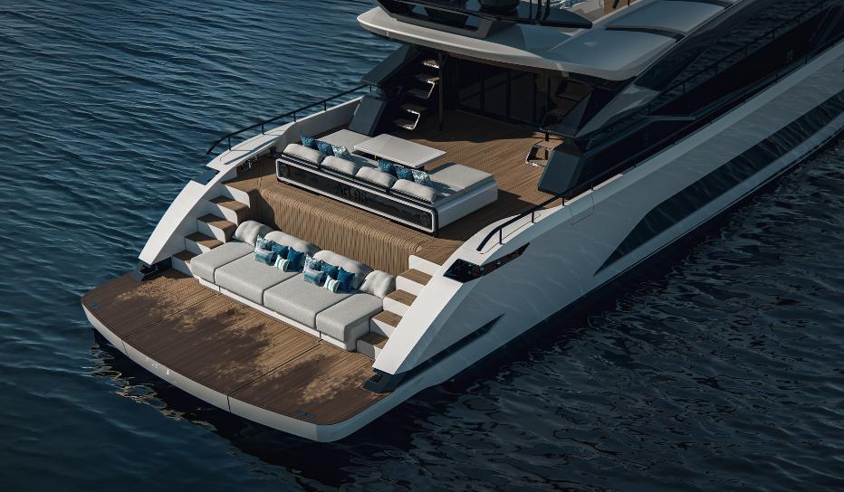 Luxurious 2025 AB 95 yacht with elegant deck seating on calm waters.