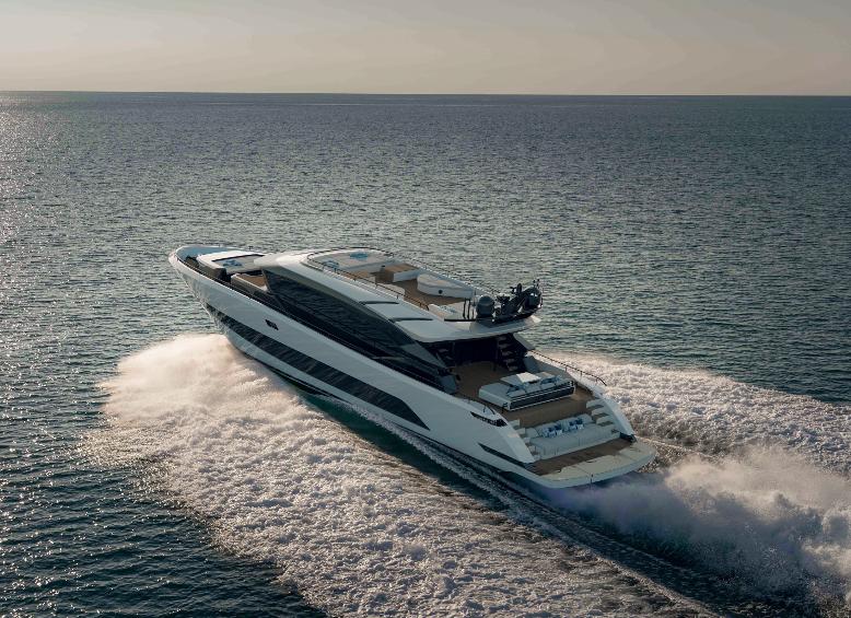 Luxurious 2025 AB 95 yacht cruising on open sea at sunset.