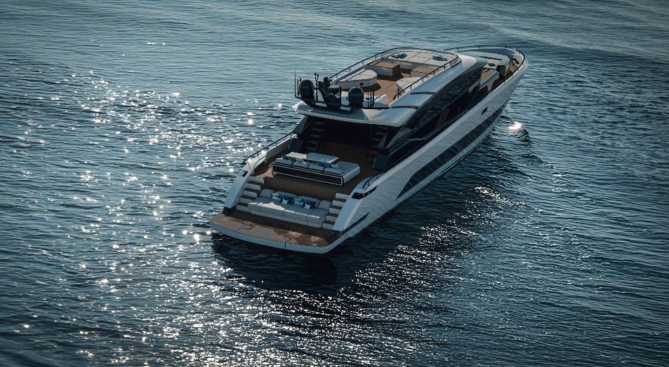 Luxurious 2025 AB 95 yacht cruising on sparkling blue water.
