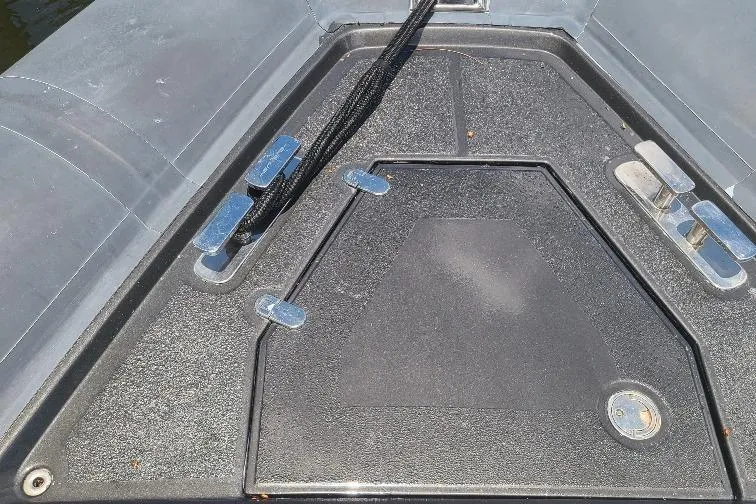  Yacht Photos Pics Bow area of a 2016 Anvera 55 boat with cleats and deck details.