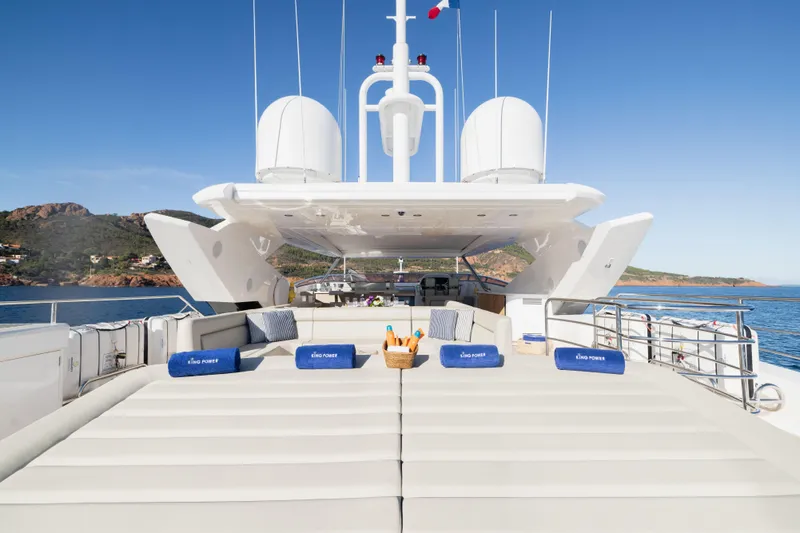 King Power Yacht Photos Pics Luxurious 2016 Sunseeker 116 Yacht deck with sun loungers and ocean view.