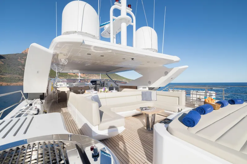 King Power Yacht Photos Pics Luxurious 2016 Sunseeker 116 Yacht deck with elegant seating and ocean view.