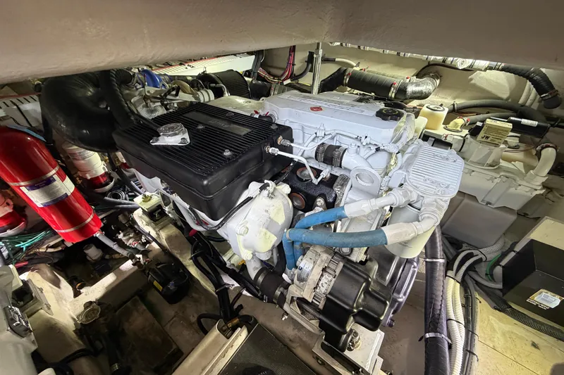  Yacht Photos Pics Engine room of 2017 Sea Ray Sundancer 460 yacht, showcasing detailed mechanical components.