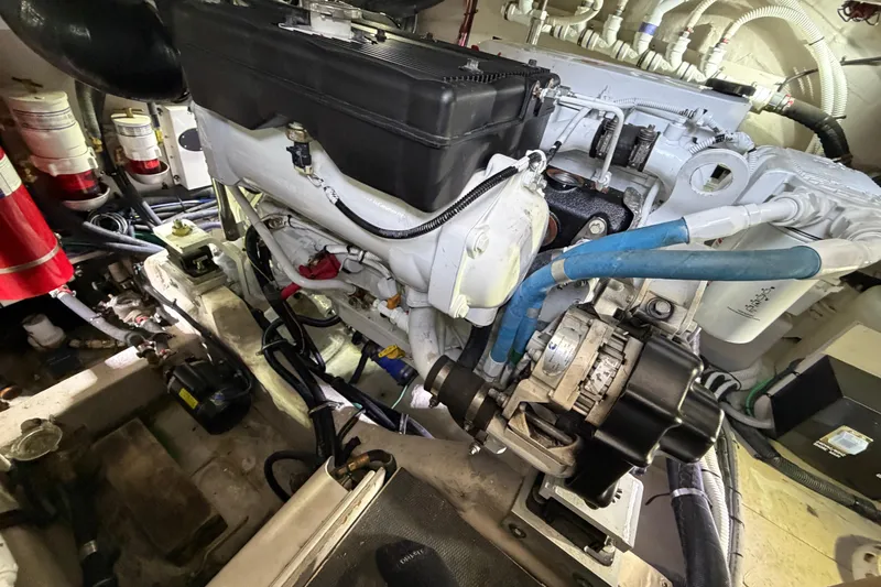  Yacht Photos Pics Engine room of 2017 Sea Ray Sundancer 460 yacht, showcasing mechanical components and wiring.