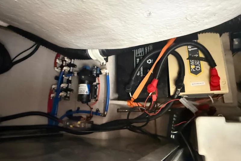  Yacht Photos Pics Electrical components and wiring inside a 2014 Sea Ray 370 Venture boat.