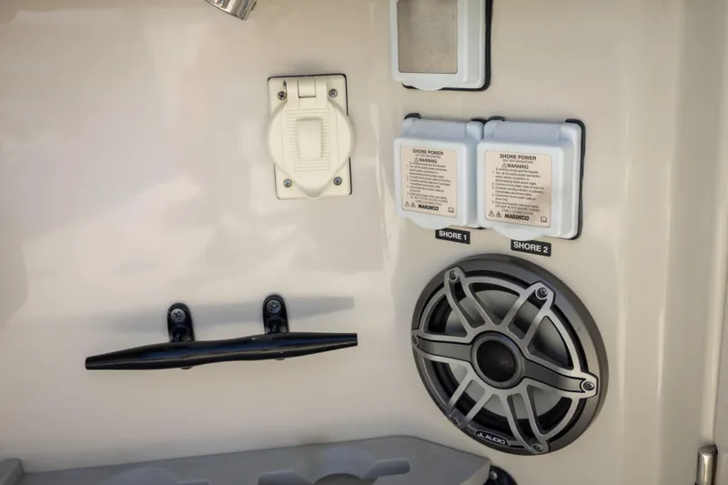 Pachanga Yacht Photos Pics 2021 Boston Whaler 420 Outrage shore power connections and speaker detail.