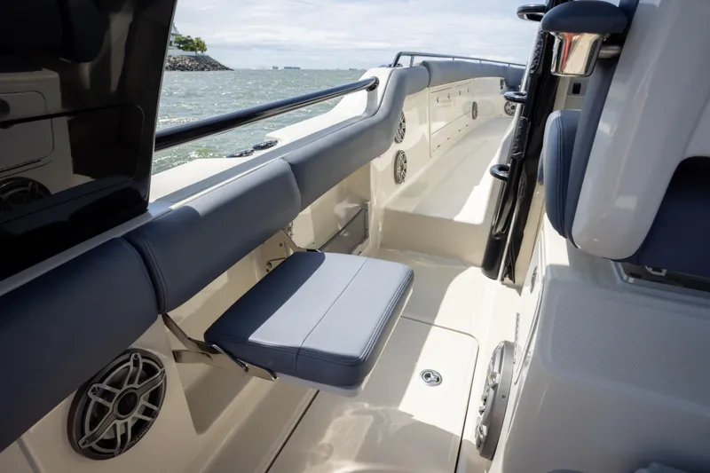 Pachanga Yacht Photos Pics 2021 Boston Whaler 420 Outrage interior with seating and ocean view.