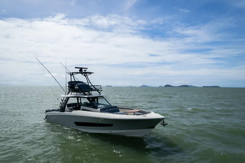 Pachanga Yacht Photos Pics 2021 Boston Whaler 420 Outrage boat on open sea under blue sky.