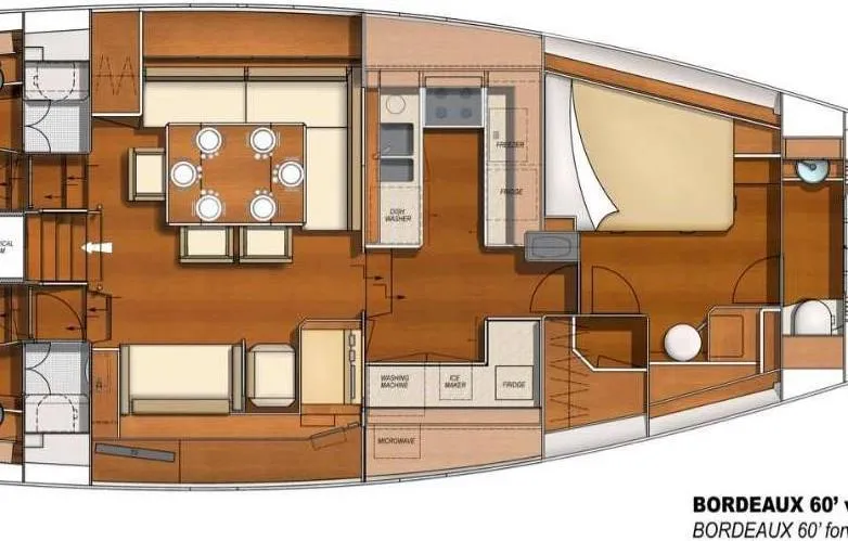 4850 Yacht Photos Pics Floor plan of 2013 CNB Bordeaux 60 yacht, featuring spacious interior layout.