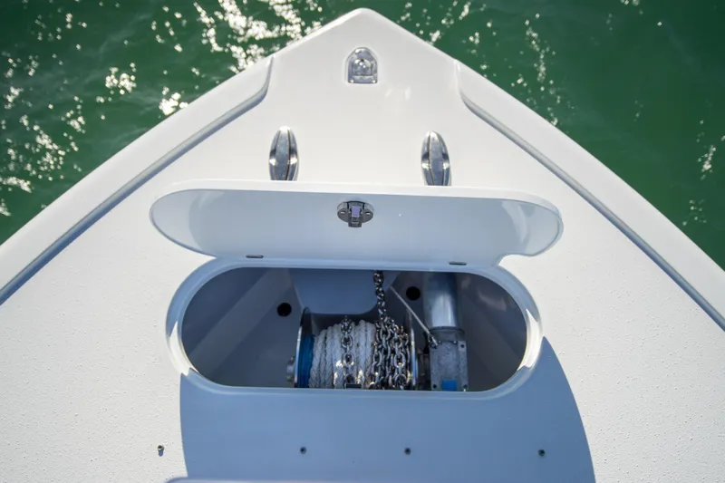  Yacht Photos Pics Bow of 2022 Yellowfin 39 Offshore boat with anchor storage open.