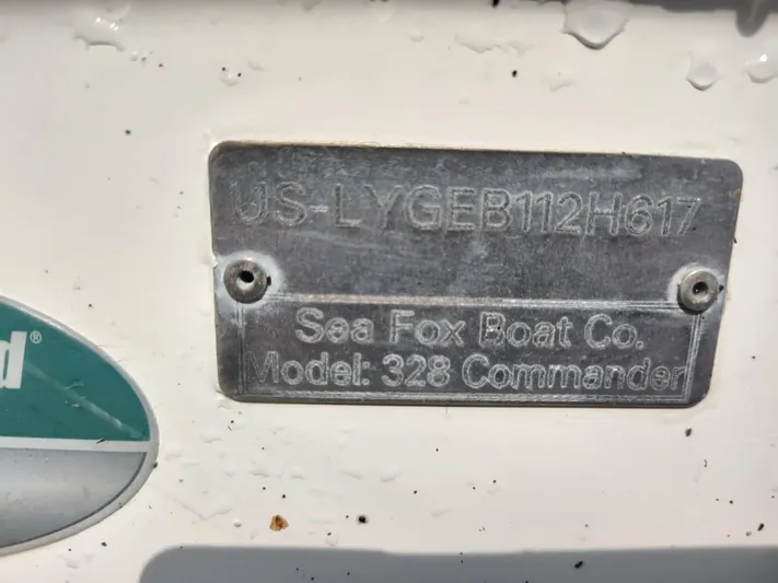  Yacht Photos Pics 2017 Sea Fox 328 Commander boat identification plate with model details.