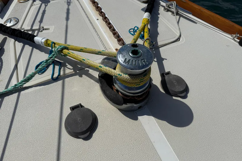 Acadia Yacht Photos Pics Deck of 1997 Tartan 3800 sailboat featuring Muir winch and ropes.