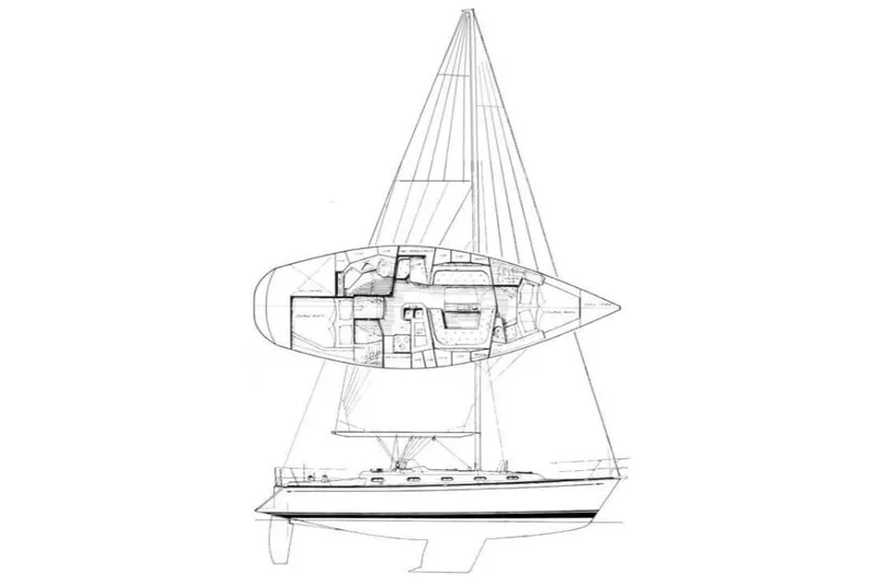 Acadia Yacht Photos Pics Blueprint of 1997 Tartan 3800 sailboat, showcasing interior layout and side profile.