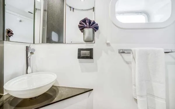 Euphoria Yacht Photos Pics Luxurious bathroom in 2016 Sunreef 60 LOFT yacht with modern fixtures and elegant design.