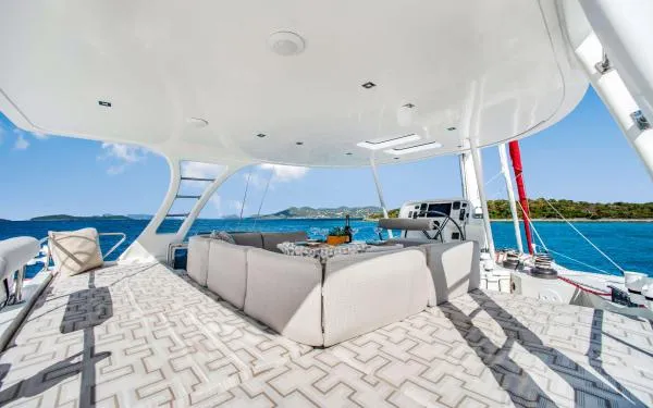 Euphoria Yacht Photos Pics Luxurious Sunreef 60 LOFT yacht deck with elegant seating, ocean view, and modern design, 2016 model.