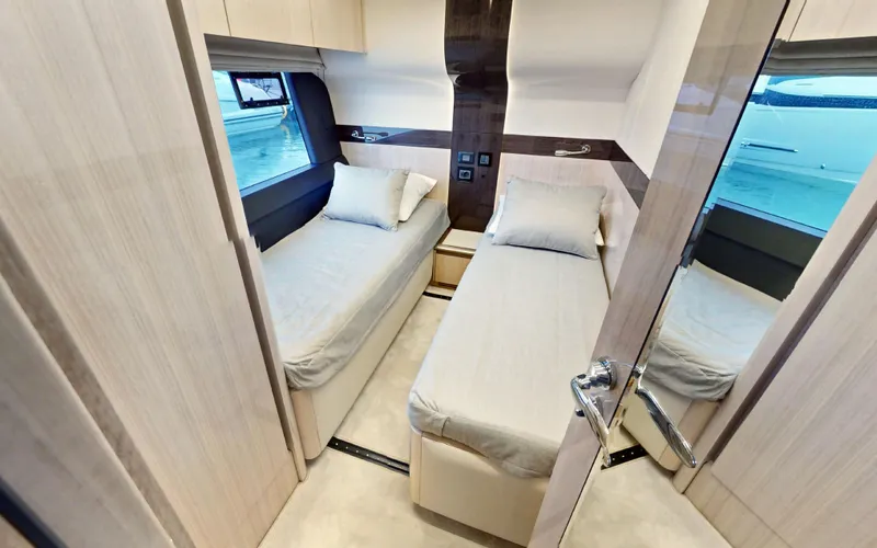 Serenity Yacht Photos Pics 2023 Galeon 680 Fly twin bed cabin interior with modern design.